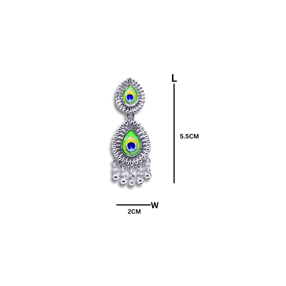 Kubera Imitation Jewellery Long Jhumka Earrings for Women Oxidised Peacock Feather Girls Mid Size Silver Drop Hanging Indian Ethnic Silver Ear Rings Combo Perfect Wedding Gifts -OLJ40