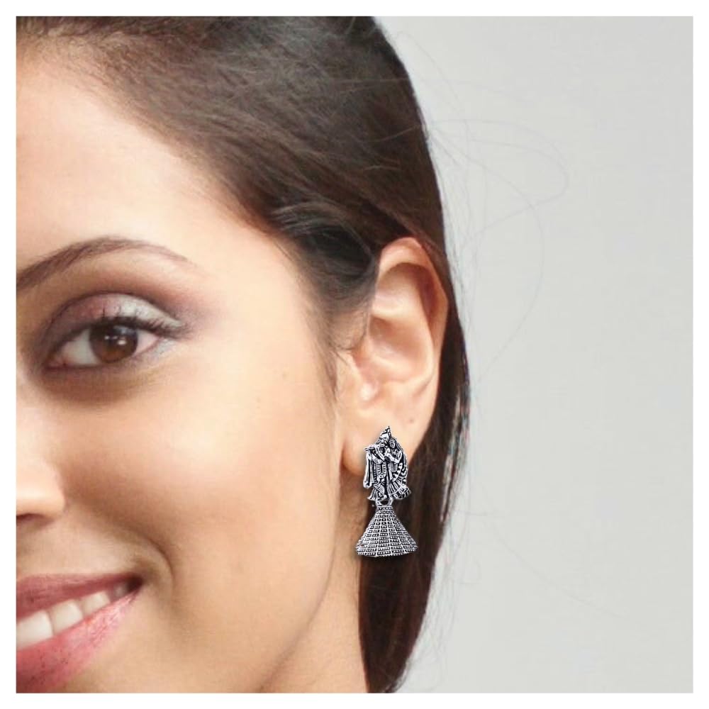 Kubera Imitation Jewellery Small Oxidised Jhumka Earrings for Women Silver Radha Krishna Traditional Fashion Earring Studs for Girls Gifts -SOJ30