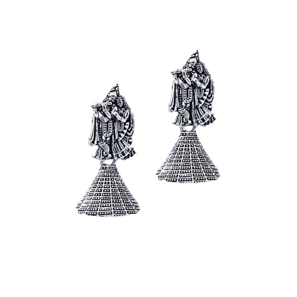Kubera Imitation Jewellery Small Oxidised Jhumka Earrings for Women Silver Radha Krishna Traditional Fashion Earring Studs for Girls Gifts -SOJ30