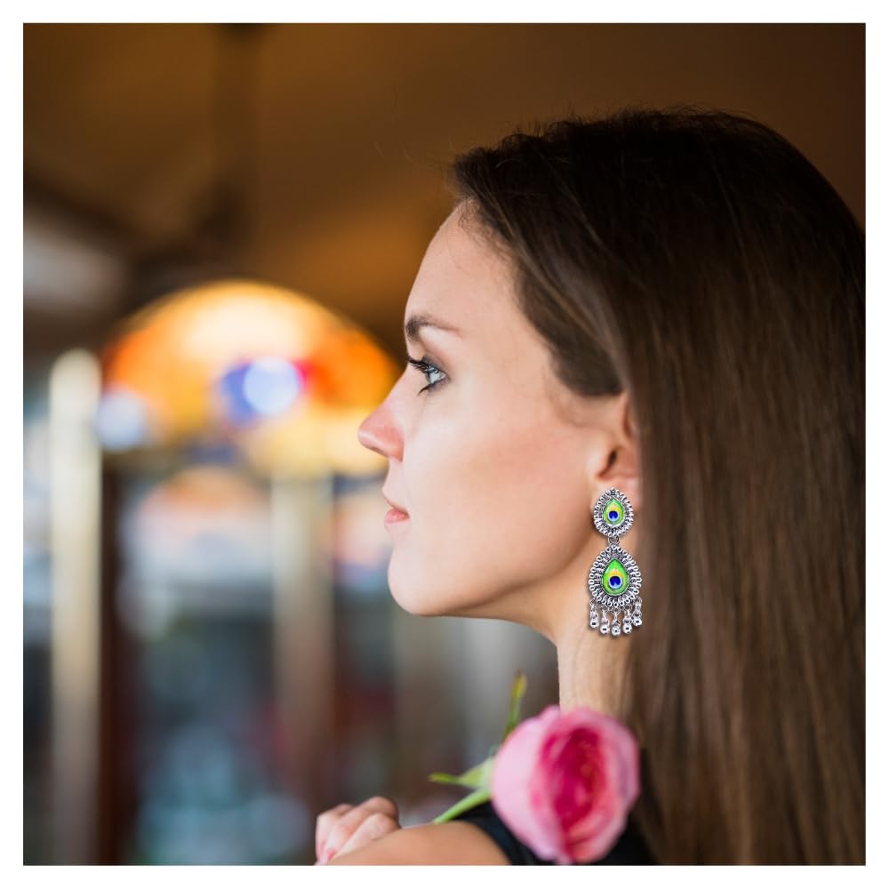 Kubera Imitation Jewellery Long Jhumka Earrings for Women Oxidised Peacock Feather Girls Mid Size Silver Drop Hanging Indian Ethnic Silver Ear Rings Combo Perfect Wedding Gifts -OLJ40