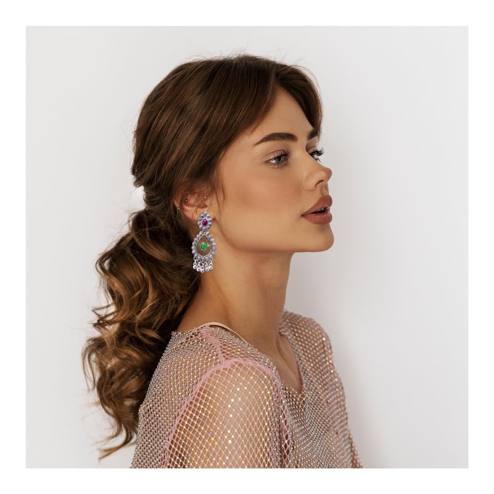 Kubera Imitation Jewellery Long Jhumka Earrings for Women Oxidised Peacock Feather Girls Mid Size Silver Drop Hanging Indian Ethnic Silver Ear Rings Combo Perfect Wedding Gifts -OLJ40