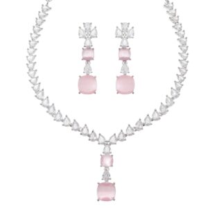 ZENEME Rhodium-Plated Square American Diamonds Studded Pendulous Necklace With Earrings Jewellery Set For Girls and Women (Pink)