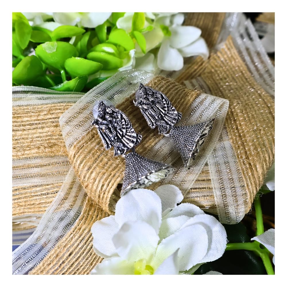 Kubera Imitation Jewellery Small Oxidised Jhumka Earrings for Women Silver Radha Krishna Traditional Fashion Earring Studs for Girls Gifts -SOJ30