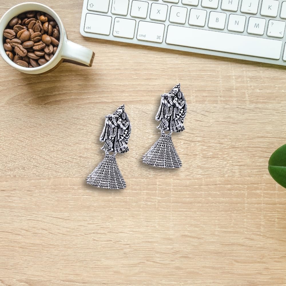 Kubera Imitation Jewellery Small Oxidised Jhumka Earrings for Women Silver Radha Krishna Traditional Fashion Earring Studs for Girls Gifts -SOJ30