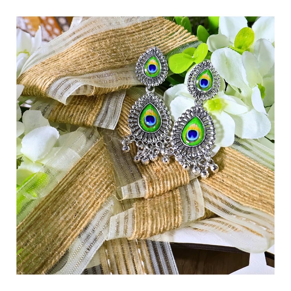 Kubera Imitation Jewellery Long Jhumka Earrings for Women Oxidised Peacock Feather Girls Mid Size Silver Drop Hanging Indian Ethnic Silver Ear Rings Combo Perfect Wedding Gifts -OLJ40