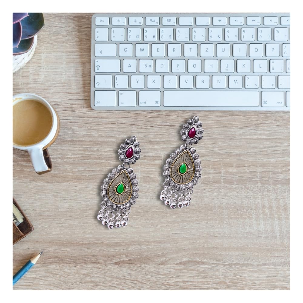 Kubera Imitation Jewellery Long Jhumka Earrings for Women Oxidised Peacock Feather Girls Mid Size Silver Drop Hanging Indian Ethnic Silver Ear Rings Combo Perfect Wedding Gifts -OLJ40