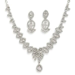 ZENEME Silver Plated Brass American Diamond Studded Rhodium Plated Floral Necklace With Earring Jewellery Set For Women & Gifts For Girls (Crystal American Diamond Necklace set)